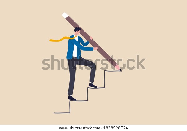 Business\
development successful, strategy to reach business target or career\
path achievement concept, smart businessman use huge pencil to draw\
rising up staircase and walk climbing up\
ladder.