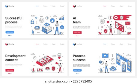Business development, team process success, AI technology set vector illustration. Cartoon tiny people work with solution conveyor belt, develop digital infrastructure of company and software system