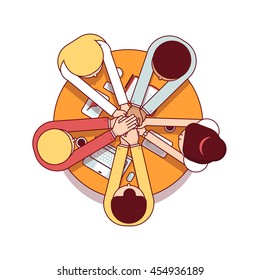 Business development team staking hands over circle table. Starting up work together. Aerial top view. Modern flat style thin line vector illustration isolated on white background.