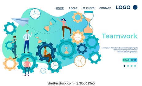 business development teamwork concept. Team partnership and collaboration symbol. People on gears and clocks. Flat time management landing page template, vector illustration.