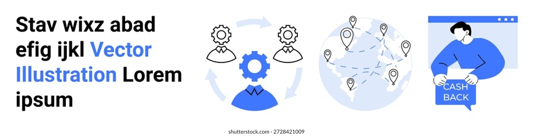 Desarrollo de negocios, trabajo en equipo, redes globales, programas de devolución de dinero, automatización del flujo de trabajo, participación de Clientes. Engranajes y conexiones, hombre con bolsa de devolución de dinero. Desarrollo empresarial y trabajo en equipo