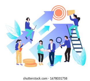Business development and teamwork on start up concept. Marketing development strategy and company promotion technology. Market analysis and business solution. Flat vector illustration isolated.