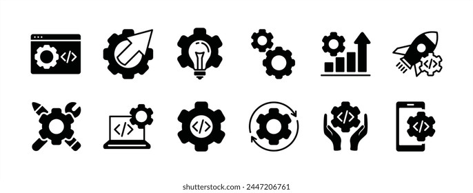 Business and development technology icon set. Containing progress, coding, programming, process, build, release, startup, maintenance, idea, gear settings. Vector illustration