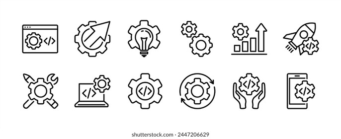 Conjunto de iconos de línea delgada de tecnología de negocios y desarrollo. Conteniendo progreso, codificación, programación, proceso, construcción, Autorización, puesta en marcha, mantenimiento, idea, Configuraciones de engranajes. Ilustración vectorial