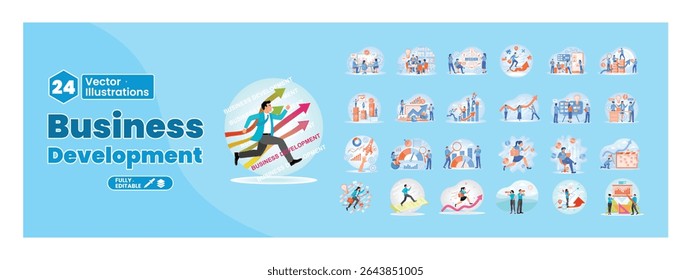 Business development theme. Business people develop themselves, collaborate and launch business ideas. Mega set.