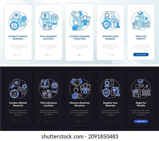 Business development tips onboarding mobile app page screen. Startup walkthrough 5 steps graphic instructions with concepts. UI, UX, GUI vector template with linear night and day mode illustrations