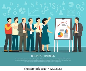 Business development training course for company employees flat poster with diagrams and graphics presentation abstract vector illustration 