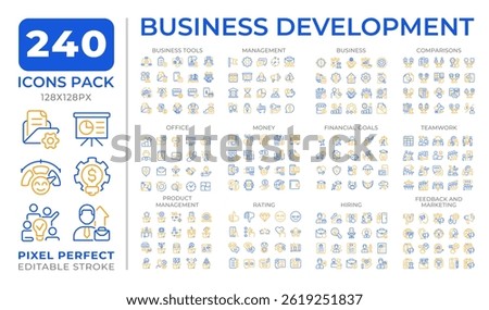 Business development two color line icons set collection. Strategy of corporate growth. Commercial planning bicolor outline mega pack isolated, pixel perfect. Duotone thin lineart. Editable stroke