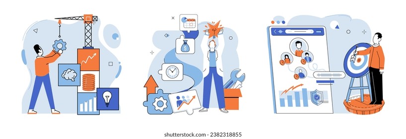Business development. Vector illustration. Banking technology streamlines financial transactions for convenience Marketing strategies adapt to evolving consumer preferences Strong management resolves
