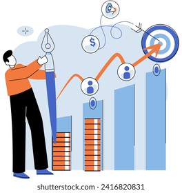 Business development. Vector illustration. Banking technology streamlines financial transactions for convenience Marketing strategies adapt to evolving consumer preferences Strong management resolves