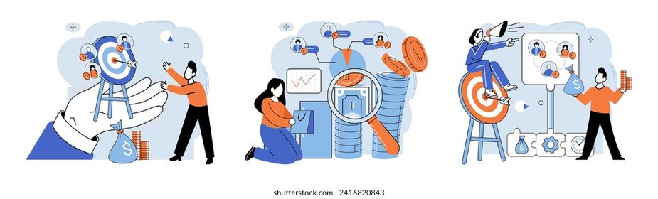 Desarrollo empresarial. Ilustración vectorial. Las instituciones bancarias ofrecen tipos de interés competitivos y productos financieros Las estrategias de marketing tienen por objeto crear y reforzar la lealtad de la marca