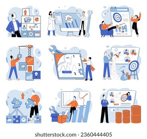 Desarrollo empresarial. Ilustración vectorial. Colaboración en diversos grupos de personas fomenta la innovación Los profesionales de las finanzas analizan las tendencias del mercado y evalúan los riesgos de las transacciones bancarias