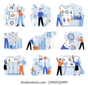 Business development. Vector illustration. Business Concept illustrations simplify complex concepts Men and women actively engage in various business activities Collaboration within diverse groups