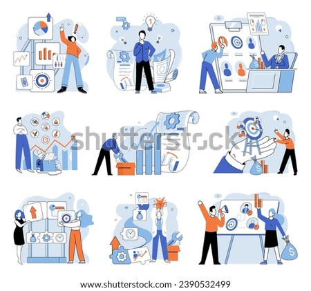 Business development. Vector illustration. Business Concept illustrations simplify complex concepts Men and women actively engage in various business activities Collaboration within diverse groups