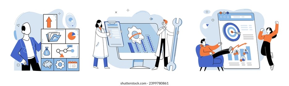Desarrollo empresarial. Ilustración vectorial. Expertos en finanzas predicen y responden a las fluctuaciones económicas Las regulaciones bancarias son cruciales para mantener la estabilidad financiera Información de investigación de marketing
