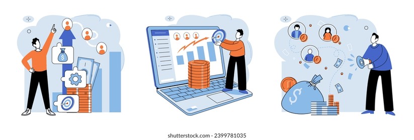 Business development. Vector illustration. Inclusive teams excel in problem-solving and creative thinking Finance professionals evaluate financial datand performance metrics Banking regulations