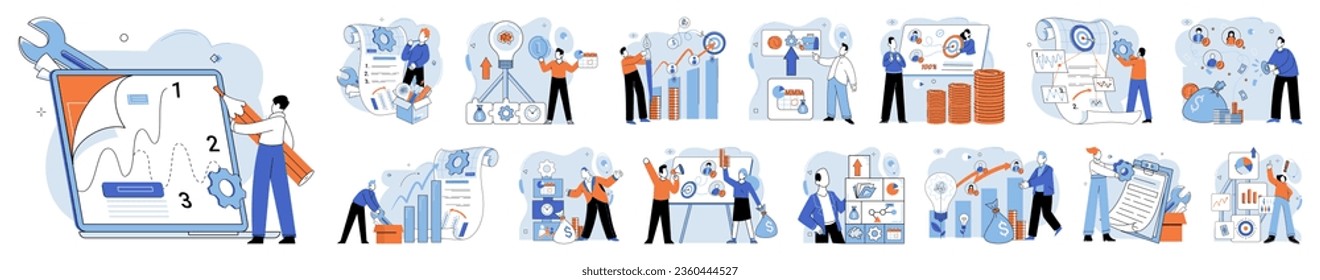 Business development. Vector illustration. Job seekers navigate competitive job market with diligence Business Concept illustrations convey intricate ideas effectively Men and women excel in diverse