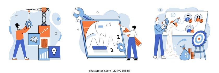 Business development. Vector illustration. Marketing research informs strategic product development Effective management fosters harmonious work environment Aligning ones profession