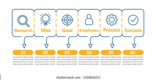 Business development vector infographic template. Goal achieving. Idea realization. Business presentation. Data visualization with six steps, options. Process chart. Workflow layout with linear icons