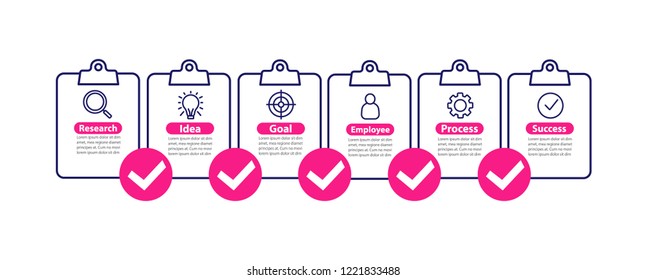 Business development vector infographic template. Goal achieving. Idea realization. Business presentation element. Data visualization with six steps. Process chart. Workflow layout with linear icons