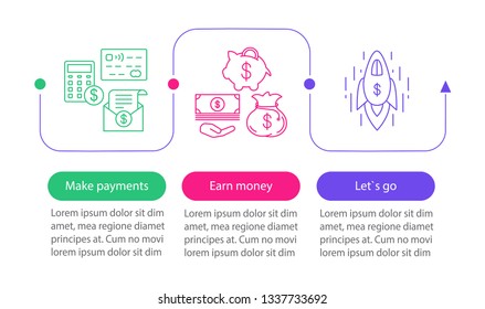 Business development vector infographic template. Make payment, earn money, startup launch. Data visualization with three steps and options. Process timeline chart. Workflow layout with icons