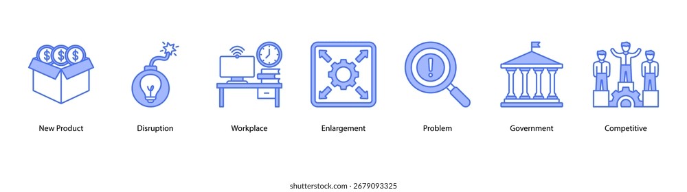Ilustração vetorial de banner da Web para desenvolvimento de negócios apresentando novo produto, interrupção, local de trabalho, ampliação, problema, governo e competitividade.