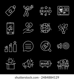 Business development, white line icons. Strategies, advertising, and influencer marketing. Ideal for corporate and marketing themes. Symbols on black background. Editable stroke.