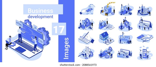 Business development.A set of illustrations in business style.A collection of images on the topic of business relations and technology.Flat vector illustration.