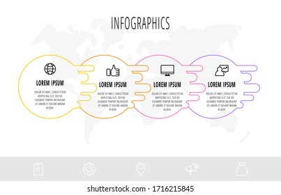 Diagrama de negocio con 4 elementos circulares e iconos. Concepto vectorial plano de cuatro opciones de negocio entre las que elegir. Diseño moderno de infografías para diagrama de flujo, escala de tiempo, web, gráfico, presentación