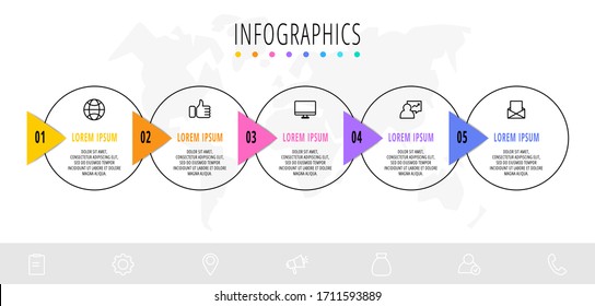 Business diagram with 5 circular elements with arrows. Vector flat concept of five business options to choose from. Infographics modern design for flowchart, timeline, web, graph, presentation