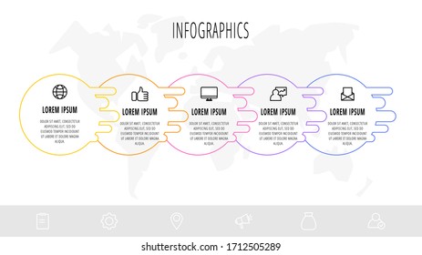 Geschäftsdiagramm mit 5 kreisförmigen Elementen und Symbolen. Vektorillustration Wohnung Konzept von fünf Geschäftsoptionen zu wählen. Infografiken Modernes Design für Flussdiagramm, Zeitstrahl, Web, Grafik, Präsentation