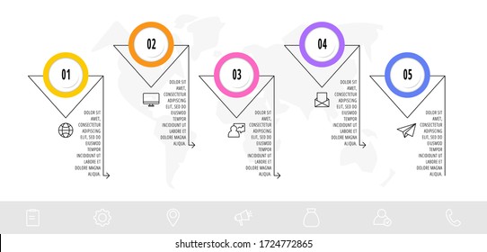Diagrama de negocio con 5 elementos circulares con flechas. Concepto vectorial plano de cinco opciones de negocio entre las que elegir. Infografía diseño moderno para flowchart, línea de tiempo, web, grafo, presentación