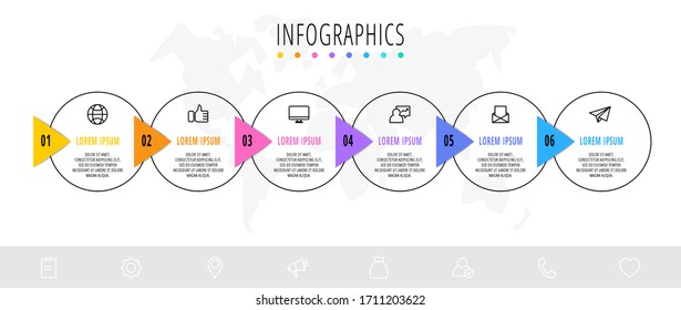 Business diagram with 6 circular elements with arrows. Vector flat concept of six business options to choose from. Infographics modern design for flowchart, timeline, web, graph, presentation