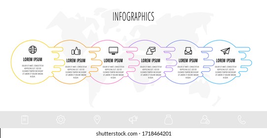 Geschäftsdiagramm mit 6 kreisförmigen Elementen und Symbolen. Vektorflache Konzept von sechs Geschäftsoptionen zur Auswahl. Infografiken Modernes Design für Flussdiagramm, Zeitstrahl, Web, Grafik, Präsentation