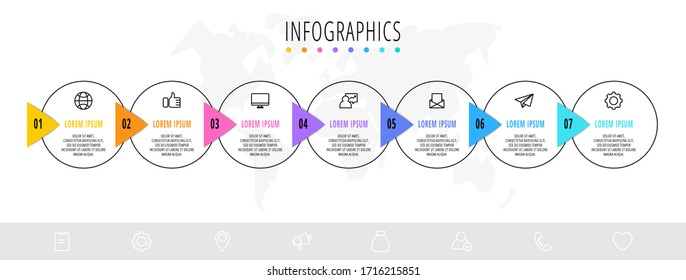 Business diagram with 7 circular elements with arrows. Vector flat concept of seven business options to choose from. Infographics modern design for flowchart, timeline, web, graph, presentation