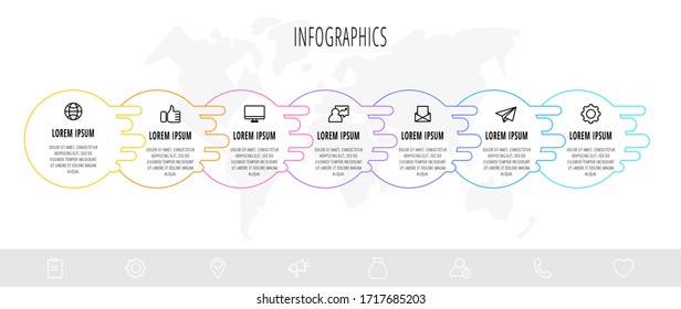 Geschäftsdiagramm mit 7 kreisförmigen Elementen und Symbolen. Vektorillustration Wohnung Konzept von sieben Geschäftsoptionen zu wählen. Infografiken Modernes Design für Flussdiagramm, Zeitstrahl, Web, Grafik, Präsentation
