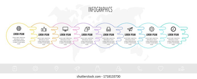 Business diagram with 8 circular elements and icons. Vector flat concept of eight business options to choose from. Infographics modern design for flowchart, timeline, web, graph, presentation