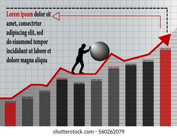 Business diagram. Concept for business growth. Arrow. Silhouette of a man pushing a ball on the chart. Vector illustration