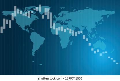 Business diagram of decrease on the blue background of world map with copy space. Vector illustration of global recession EPS10