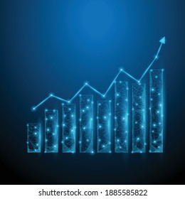 business diagram growth arrow and bar chart low poly. business and finance concept. Increased investment and profit balancevector illustration in flat style. isolated on blue dark background.