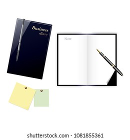 Business Diary, Memo pads, Pen on white background.