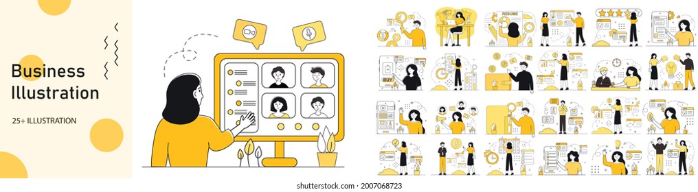 Business different illustration mega set. Collection work with men and women. Business people in different scenes. Trendy vector style.