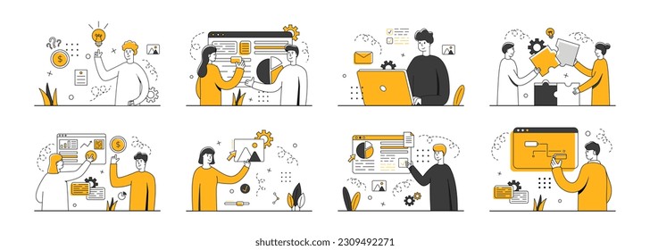 Business different illustration mega set. Office scene with business people. Workflow concept. Mega set. Characters working at home office and coworking space. Vector illustration concept