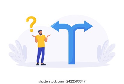 Business difficult choices. Confusing man looking at crossroad sign with question mark, think which way to go. Uncertainty and doubt. Making decision or choose the right path to success