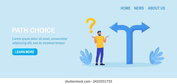Business difficult choices. Confusing man looking at crossroad sign with question mark, think which way to go. Uncertainty and doubt. Making decision or choose the right path to success