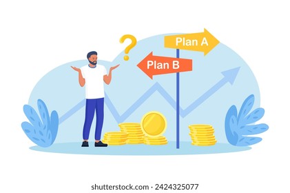 Business difficult choices. Man trying to make a choice for the road ahead. Uncertainty and doubt. Making decision, career path, work direction or choose the right way to success
