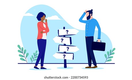 Business difficult choices - Man and woman trying to make a choice for the road ahead. Uncertainty and doubt concept. Flat design vector illustration with white background