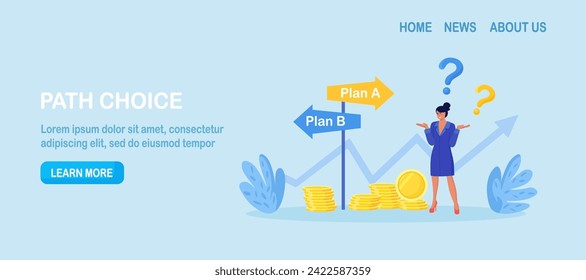Business difficult choices. Woman trying to make a choice for the road ahead. Uncertainty and doubt. Making decision, career path, work direction or choose the right way to success