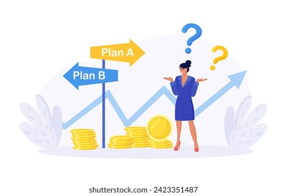 Business difficult choices. Woman trying to make a choice for the road ahead. Uncertainty and doubt. Making decision, career path, work direction or choose the right way to success