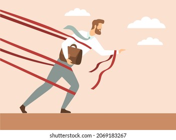 Business difficulty concept. Man overcomes obstacles and difficulties for career growth and success. Ropes bind progress of entrepreneur. Employee rushes forward. Cartoon flat vector illustration